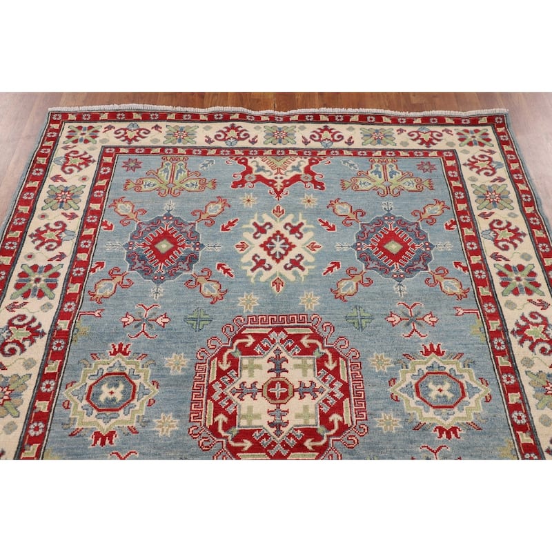 Light Blue Kazak Area Rug Handmade Geometric Wool Carpet - 5'3" x 6'8"