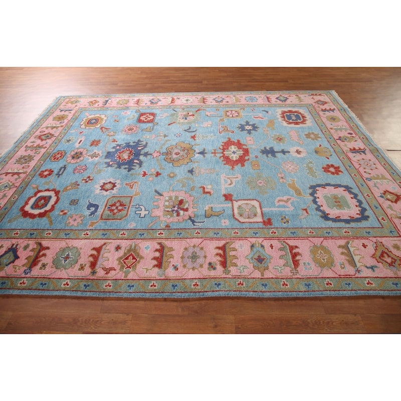 Light Blue Oushak Area Rug Hand-Knotted Transitional Wool Carpet - 7'9"x 9'9"