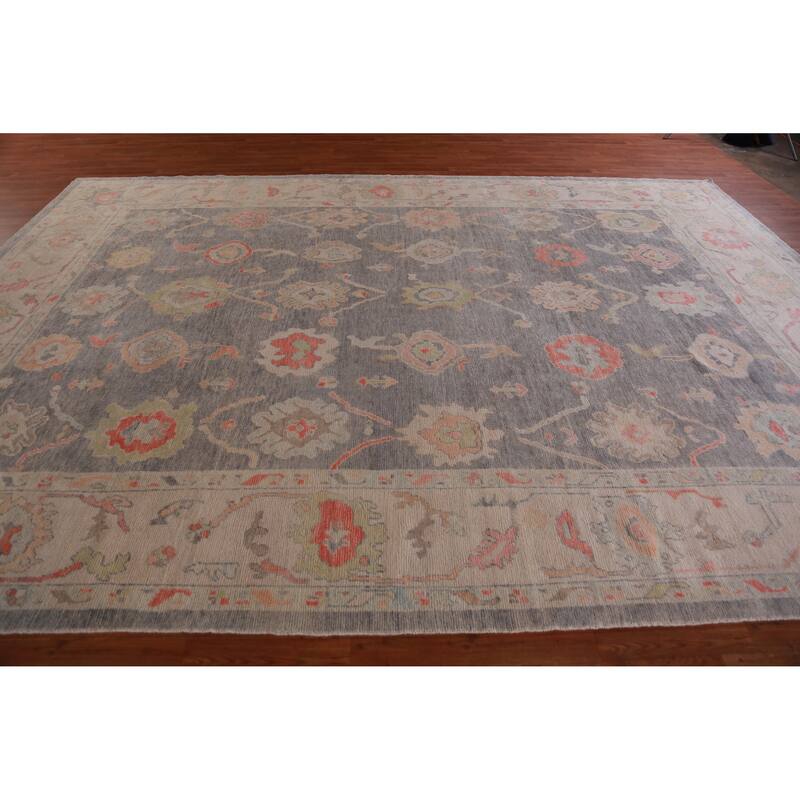 Hand Knotted Oriental 100% Wool Carpet Transitional All-Over Greys & Charcoal Oushak Area Rug - 14' 3'' X 10' 0''