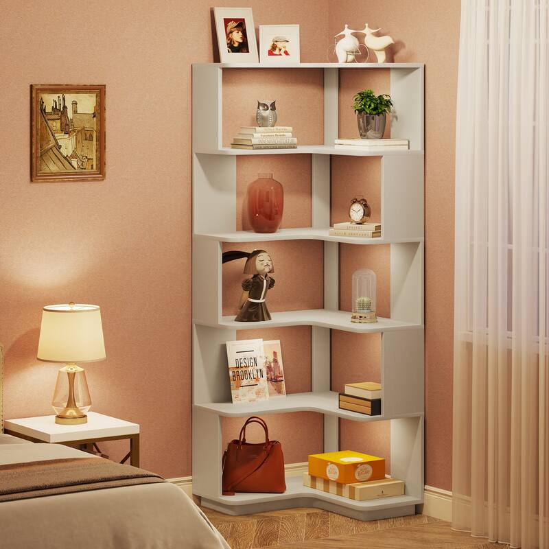 6-Tier Corner Book Shelf, 64.9"Tall Freestanding Wood Industrial Bookcase Bookshelf