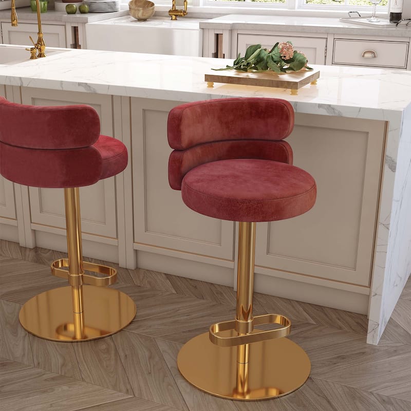 Modern Velvet Bar Stool with Height Adjustment and 360-Degree Swivel - Gold/Red