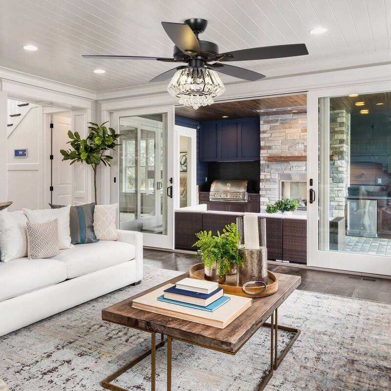 52" Modern Black Downrod Mount Crystal Ceiling Fan with Light and Remote Control - 52 in. D x 52 in. W x 21.6 in. H