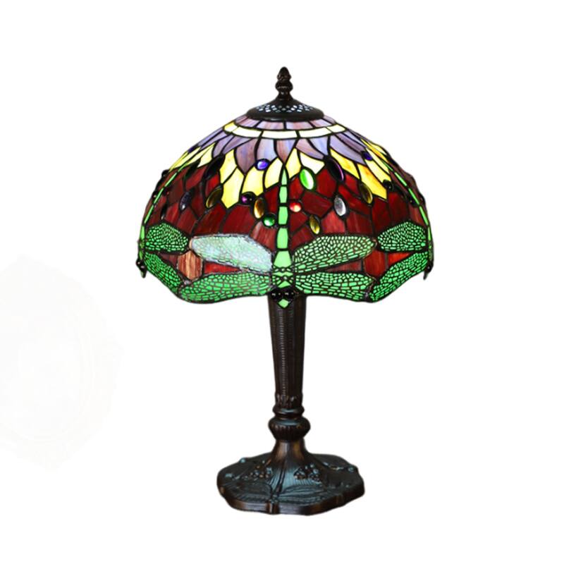 Platrise Dragonfly Tiffany Glass Shade Red Green with Bronze Base