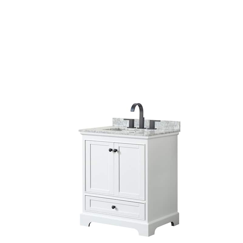 Deborah 30-inch Single Vanity, Square Sink, No Mirror - White, Black Trim, White Carrara Marble Top
