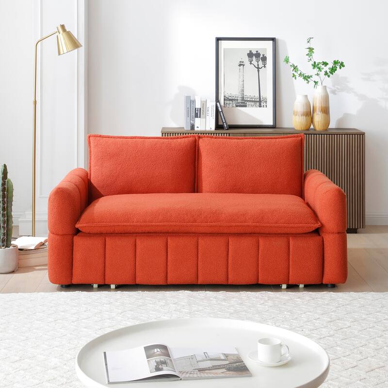 Convertible Loveseat Sleeper Sofa Couch with Metal Frame, 2-Seater Sofa Couch Pull-Out Sofa Bed with Armrests - Orange