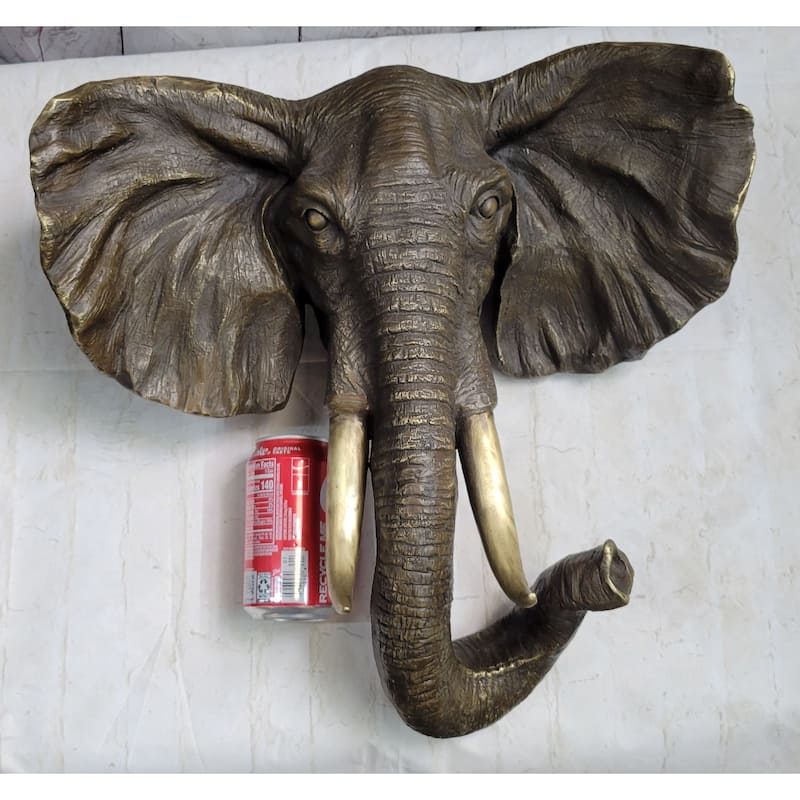 Wall Mounted Hanging Bronze Imitative Elephant Head Bust Sculpture Statue Decor Signed Original Art