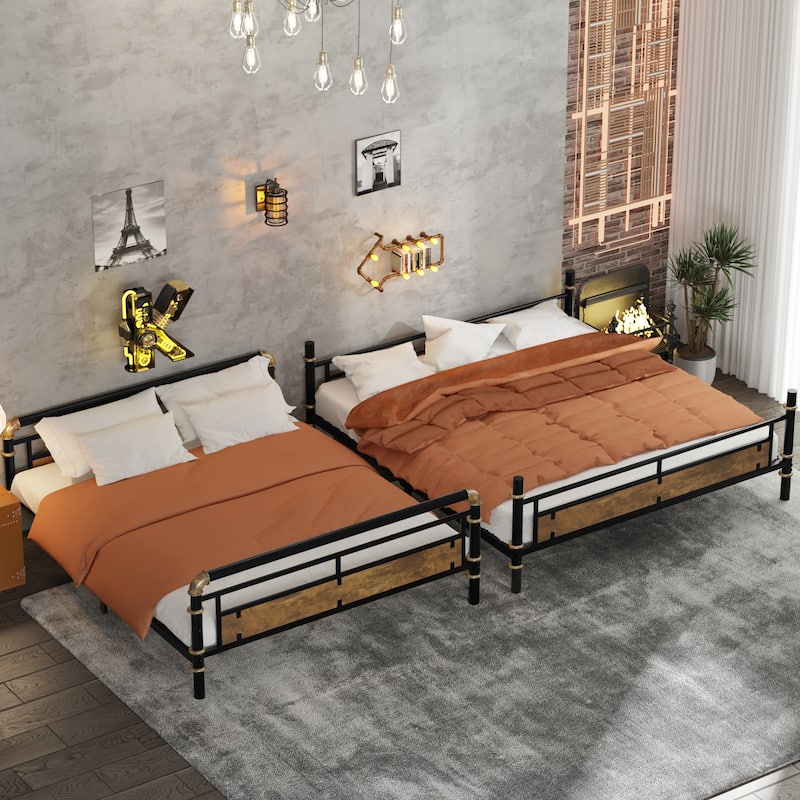 Full XL Over Queen Metal Bunk Bed with Safety Guard Rails, Industrial Design, Black