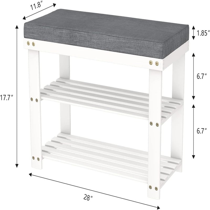 Shoe Rack for Entryway Bamboo Shoe Bench Seat with Cushion - 11.8"D x 28"W x 17.7"H