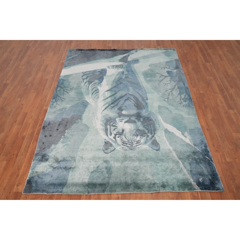 Hand Knotted Oriental Viscose Silk Carpet Modern Animal Pictorial Green Abstract Area Rug - 7' 10'' X 5' 8''