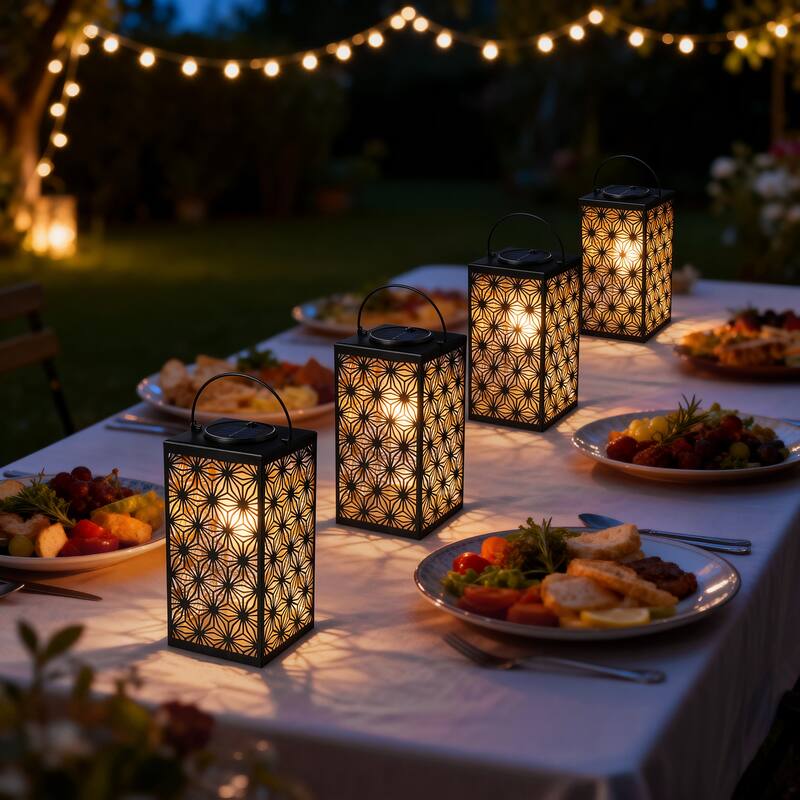 Glitzhome 11"H Black Metal Cutout or Square Textured Glass Pattern Solar Powered Hanging Lantern with LED Light