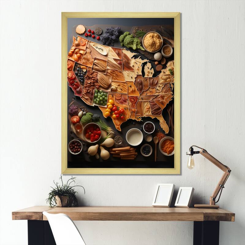 Designart "Usa Map Culinary Cartography " Usa Map Framed Canvas Prints - 34 in. wide x 44 in. high - Gold