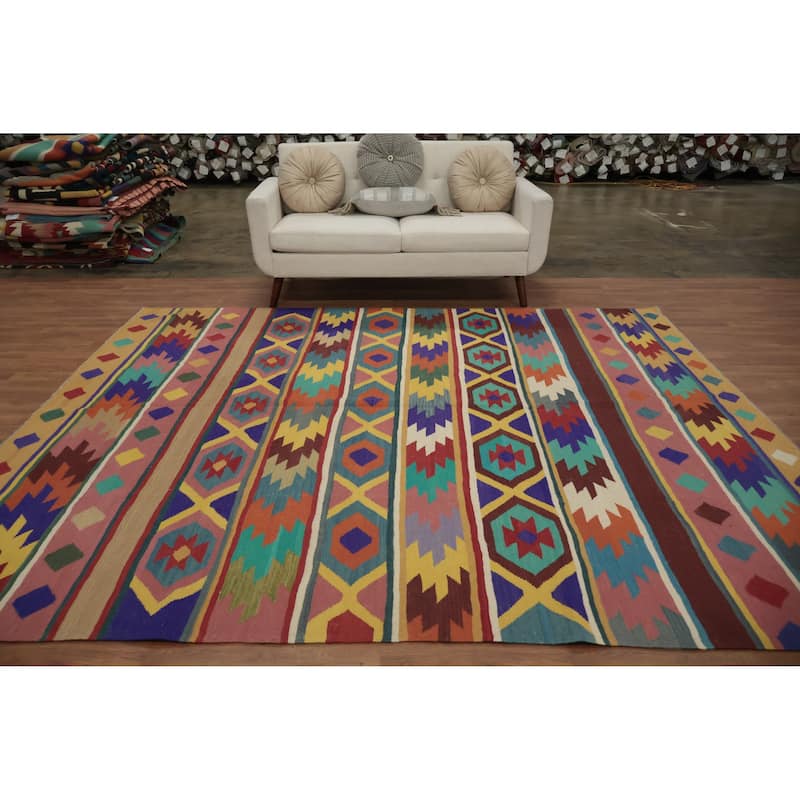 Hand Woven Oriental 100% Wool Carpet Southwestern Tribal Multi-Colored Kilim Area Rug - 9' 6'' X 8' 1''
