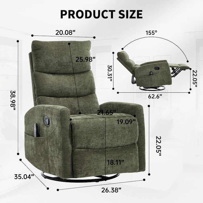 360° Swivel Rocking Recliner with Heat & Massage in Chenille Fabric