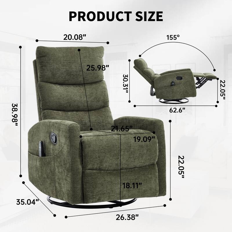 Roomfitters Manual Swivel Rocker Recliner Chair with Heat and Massage Fabric Glider Lounge Sofa for Living Room