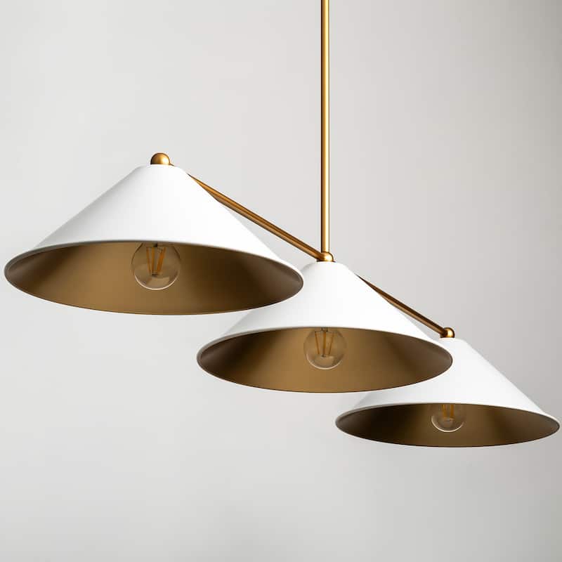 3-Light Mid-Century Modern Black/White Linear Cone Large Chandelier for Dining Room and Kitchen Island
