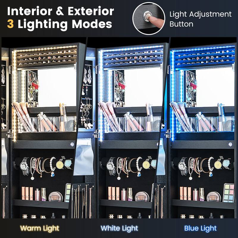 Gymax LED Mirror Jewelry Cabinet Wall/Door Mounted Organizer Armoire