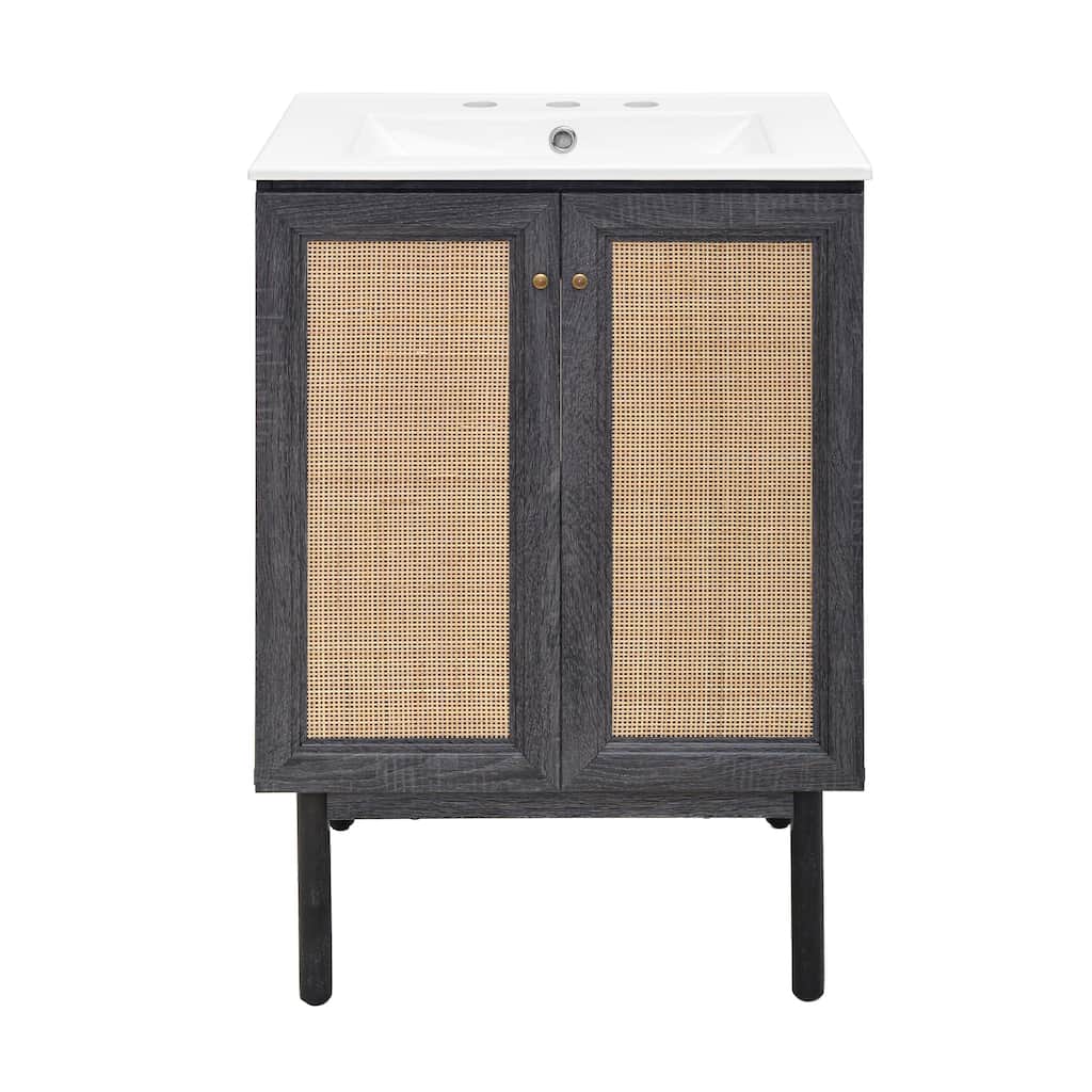 Classe 24 In. Black Oak Bathroom Vanity With White, 3-Hole Ceramic Sink Top