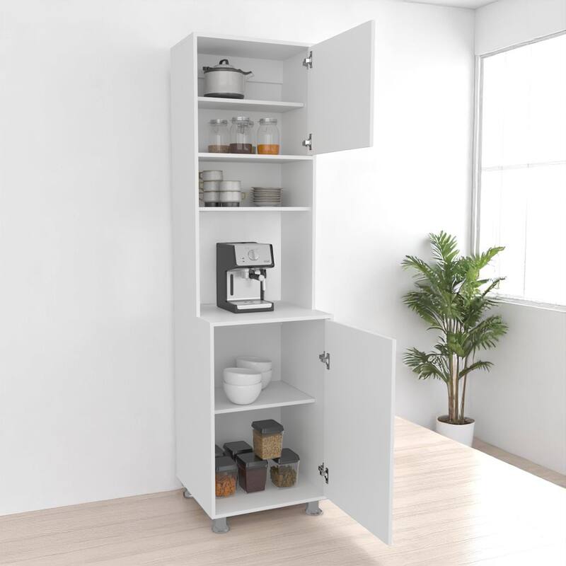 Freestanding White Pantry Cabinet with Open Center Shelf, Upper & Lower Doors, Compact Kitchen Storage