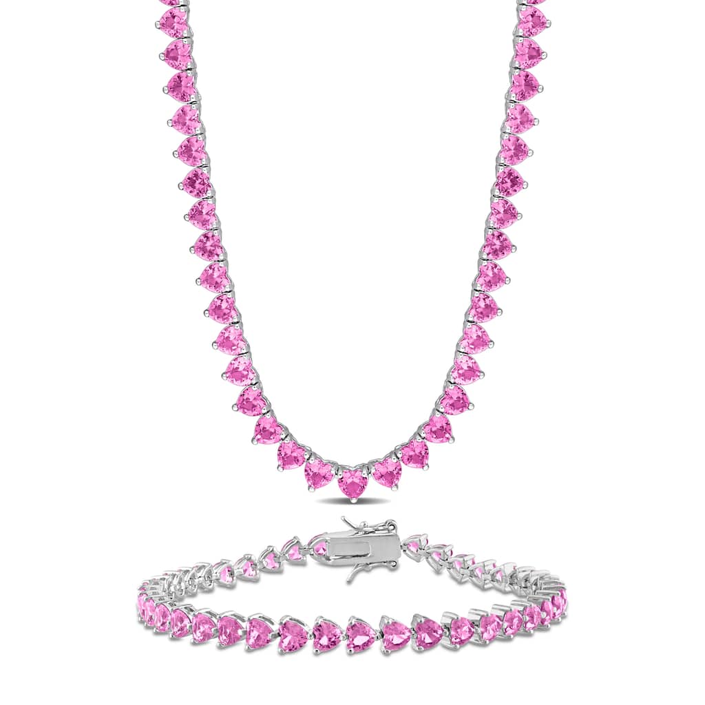 Miadora 43 1/2ct TGW Created Pink Sapphire Tennis Necklace Bracelet 2-Piece Set Sterling Silver