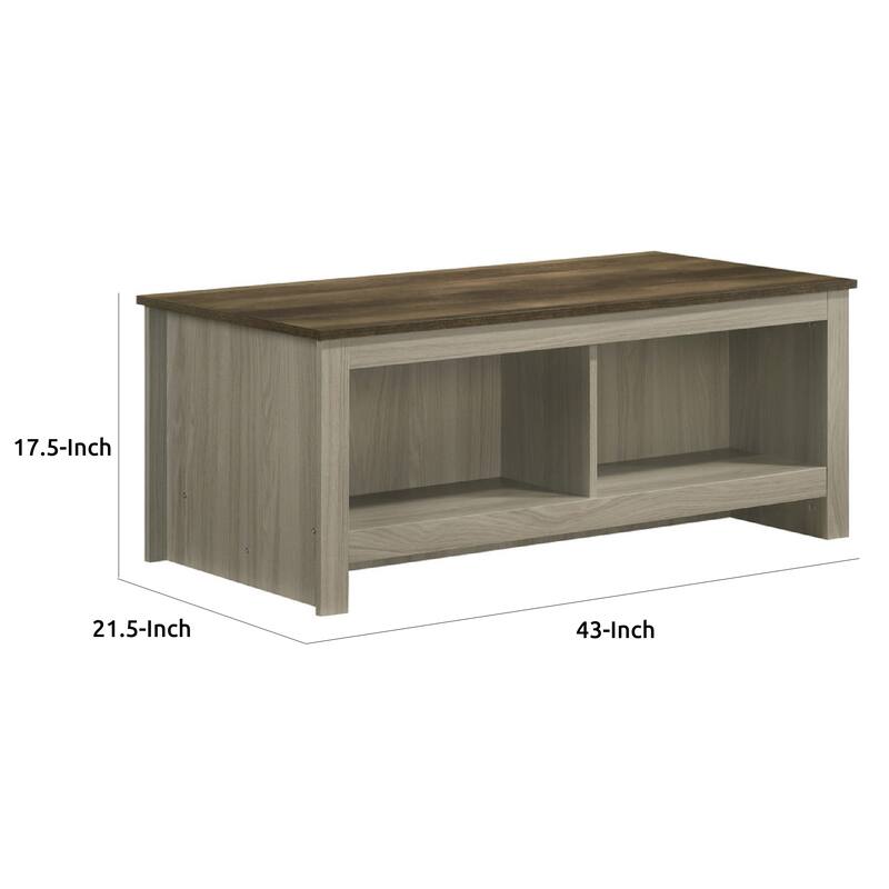 Nena Coffee Table with Open Shelves, Brown Wood Top, Oak Gray 43 Inch