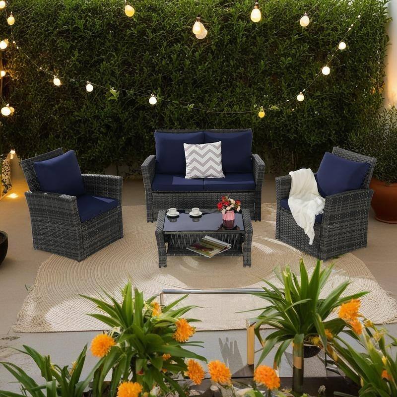 4-Piece Outdoor Patio Rattan Conversation Sofa Set with Tempered Glass Coffee Table