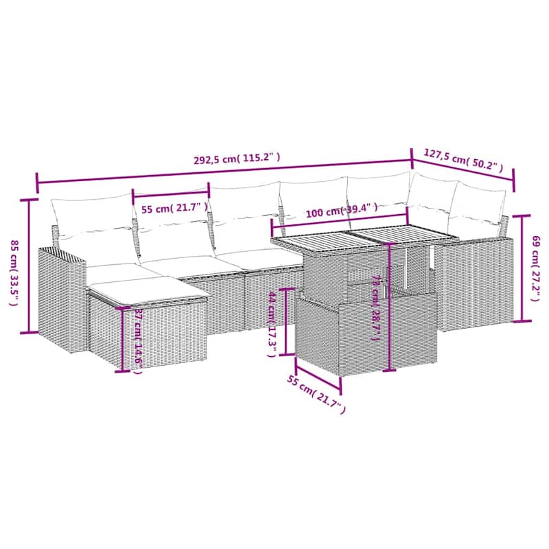 vidaXL Patio Sofa Set with Cushions Outdoor Furniture 8 Piece Poly Rattan - 24.4 x 24.4 x 27.2