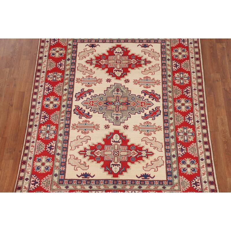 Kazak Oriental Area Rug Hand-Knotted Beige Geometric Wool Carpet - 5'1" x 6'7"