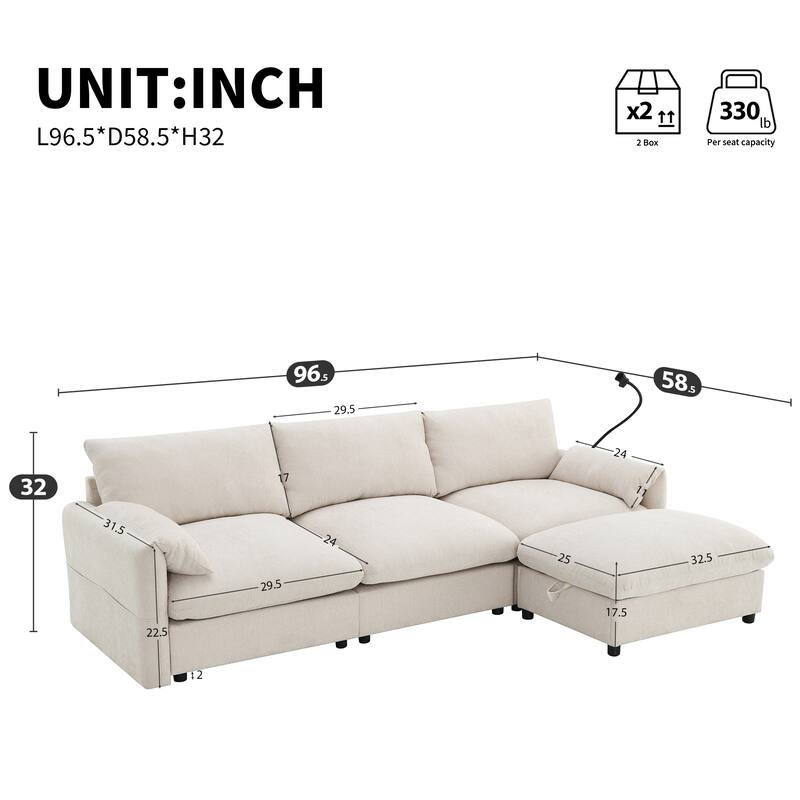 96.5" L-Shaped Sectional Sofa with Storage Ottoman, USB Charger & Adjustable Phone Holder