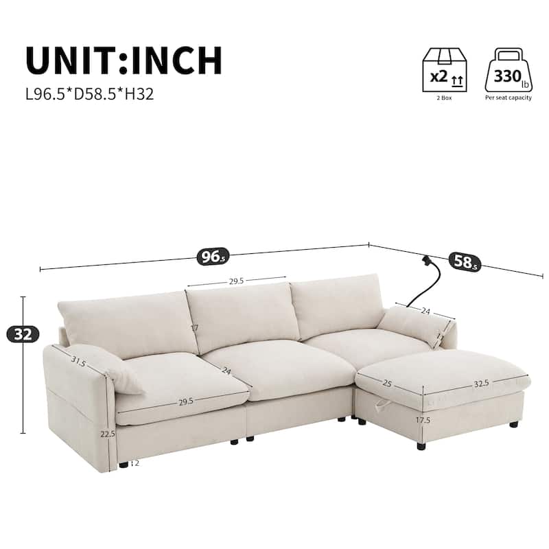 L-Shaped Chenille Sectional Sofa with Storage Ottoman, Lounge Sofa with Adjustable Phone Holder, Side Pockets & USB Charger Port - Beige