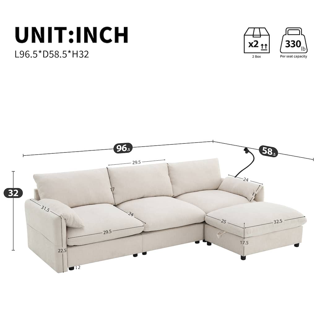 L-Shaped Chenille Sectional Sofa with Storage Ottoman, Lounge Sofa with Adjustable Phone Holder, Side Pockets & USB Charger Port