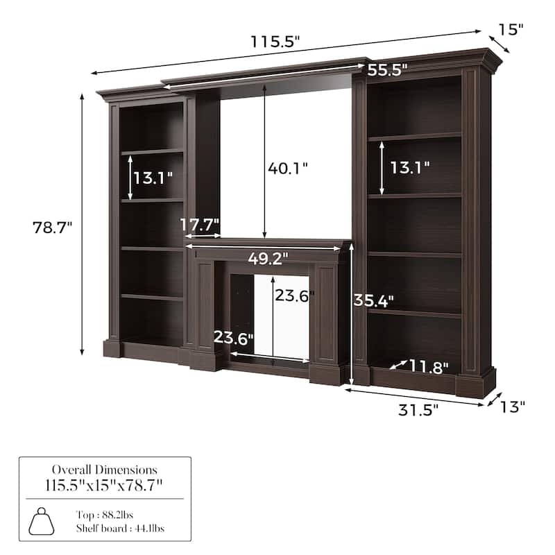 Electric Fireplace Mantel with Bookshelves, 115.5" Entertainment Center with Built-in Shelving