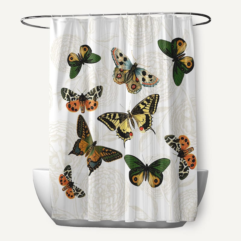 71 x 74-inch Antique Butterflies and Flowers Animal Print Print Print Shower Curtain - White