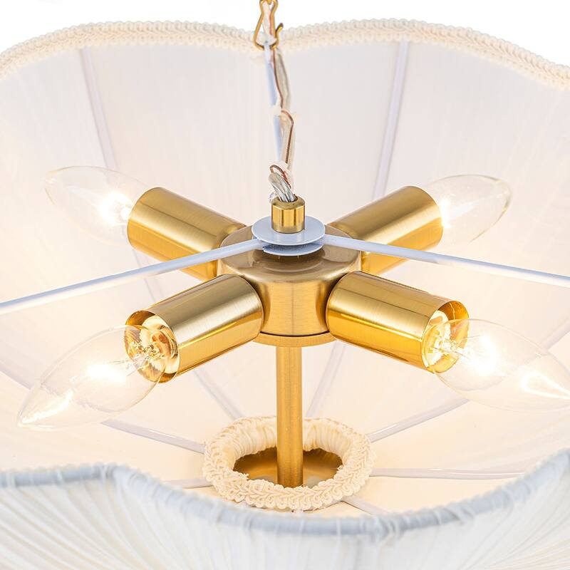 French Country White Ribbed Fabric Bloom Cage Pendant Light 19.3 in