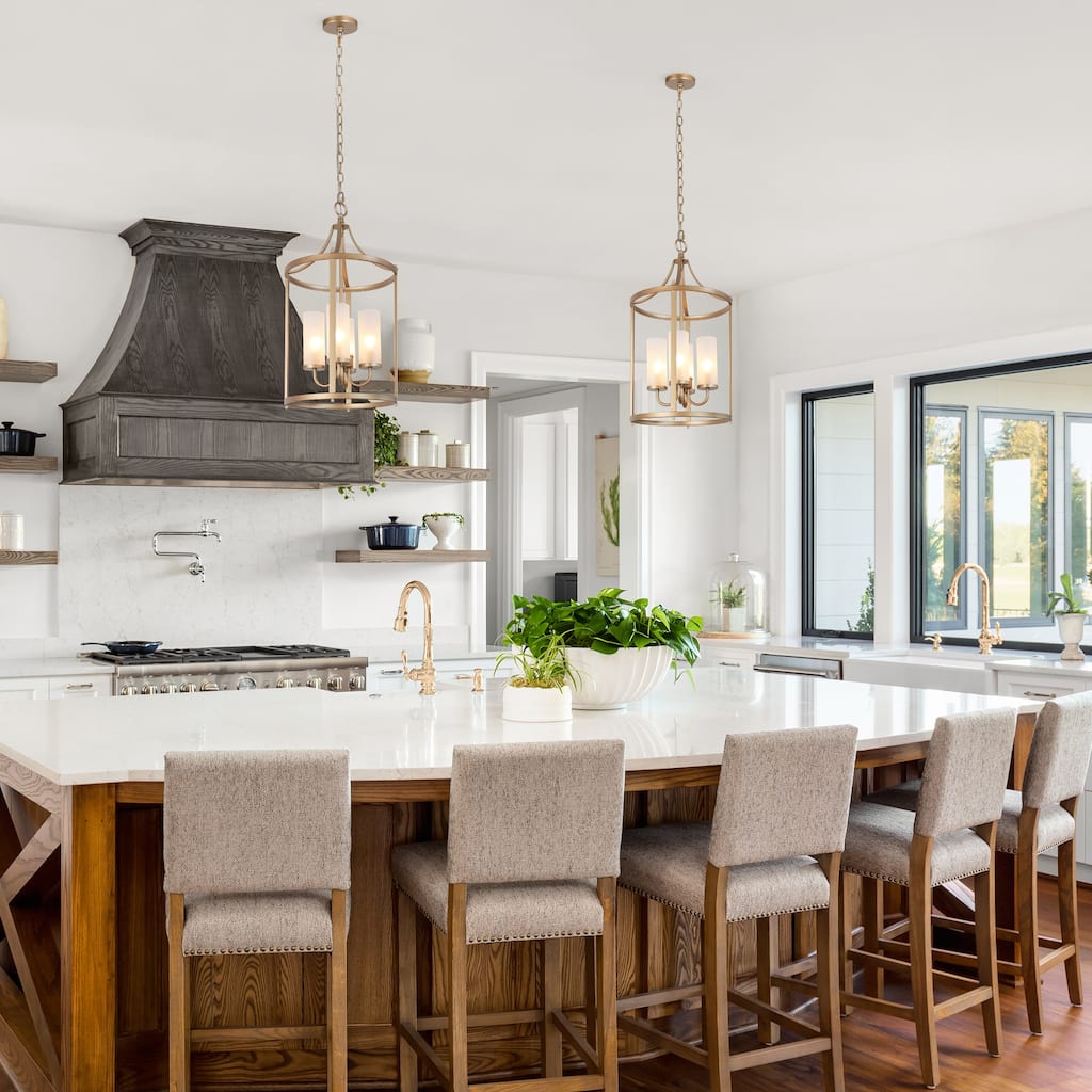 Mid-century Modern Gold 4-Light Chandelier Lantern Pendant Light for Kitchen Island - 12" D x 23" H