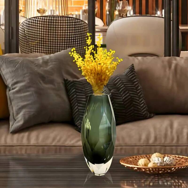 Smoky Gray Cut Glass Vase Art Deco Geometric Design Decor