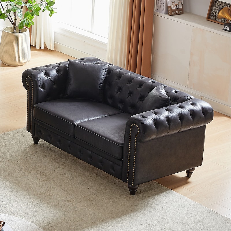 Button-Tufted Chesterfield 63.5" Sofa - Tech Fabric, Wooden Legs, Pillows