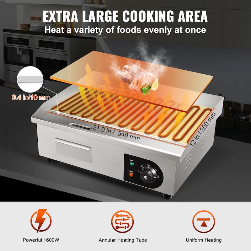 VEVOR Commercial Electric Griddle, 21", 1600W Countertop Flat Top Grill - 21", 1600W