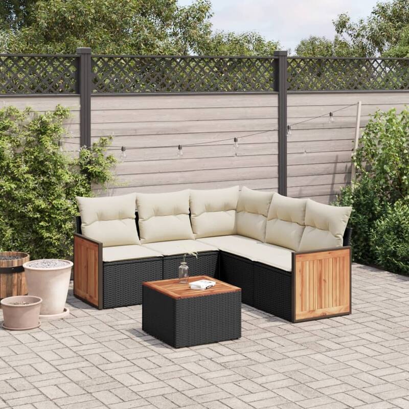 vidaXL Patio Sofa Set with Cushions Outdoor Conversation Furniture Poly Rattan - Black and Cream-With table - 24.4 x 24.4 x 27.2
