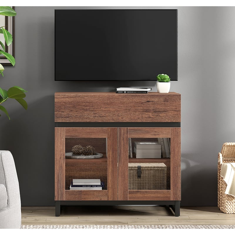 WAMPAT Modern TV Stand with Glass Doors for 110 inch TVs, Entertainment Center Console with 3 Drawers and Metal Base - 31.5 Inch - Brown