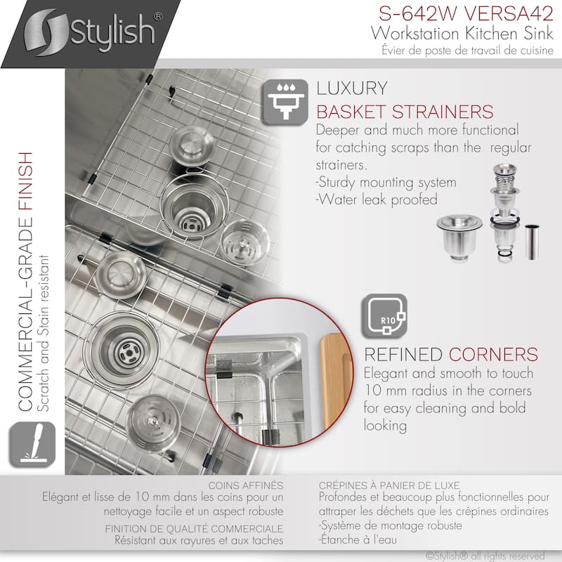 STYLISH 42 inches Workstation 70/30 Double Bowl Undermount 16 Gauge Stainless Steel Kitchen Sink with Accessories included