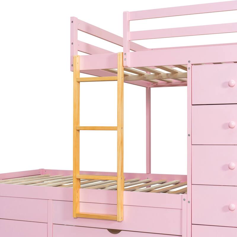 Full Size Bunk Bed with Storage - 2 Large & 5 Small Drawers, Small Wardrobe, MDF & Solid Wood