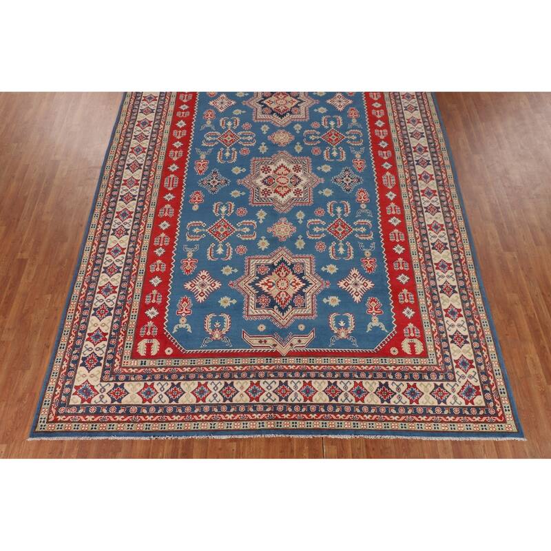 Blue Geometric Kazak Large Area Rug Hand-Knotted Wool Carpet - 9'9" x 13'2"