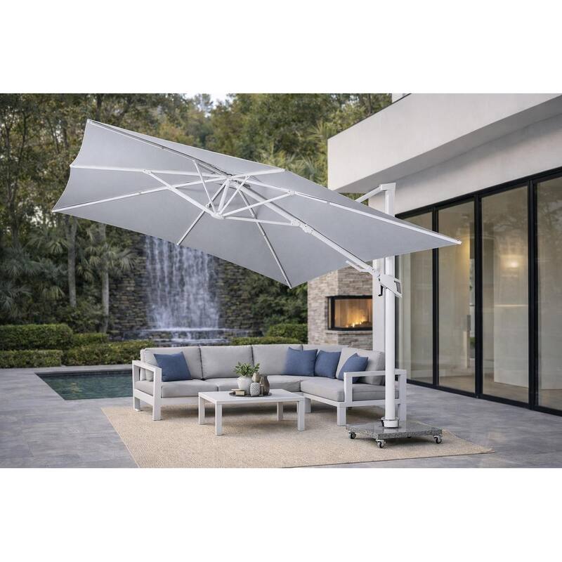Piola 10 ft. x 13 ft. Rectangle Aluminum Cantilever Tilt Outdoor Parasol Patio Umbrella with Granite Base in Mouse Gray