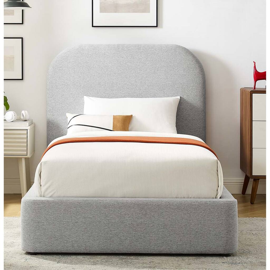 Hillsway Modern Curved Headboard Light Grey Fabric Upholstered Twin Size Platform Bed