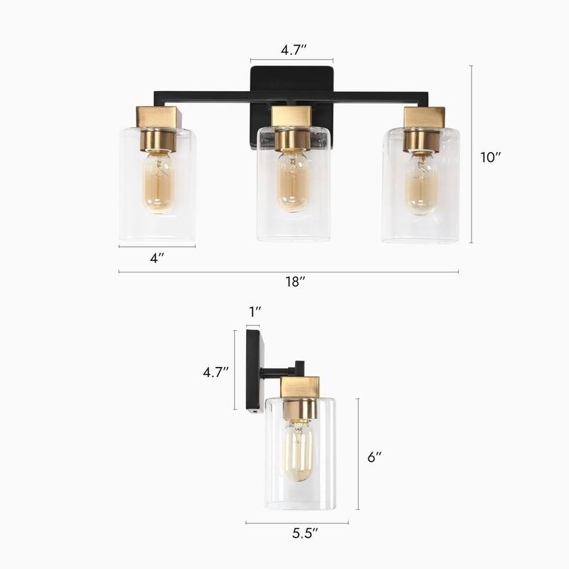 Modern 3-Light Black Gold Square Glass Bathroom Vanity Light Linear Wall Sconces