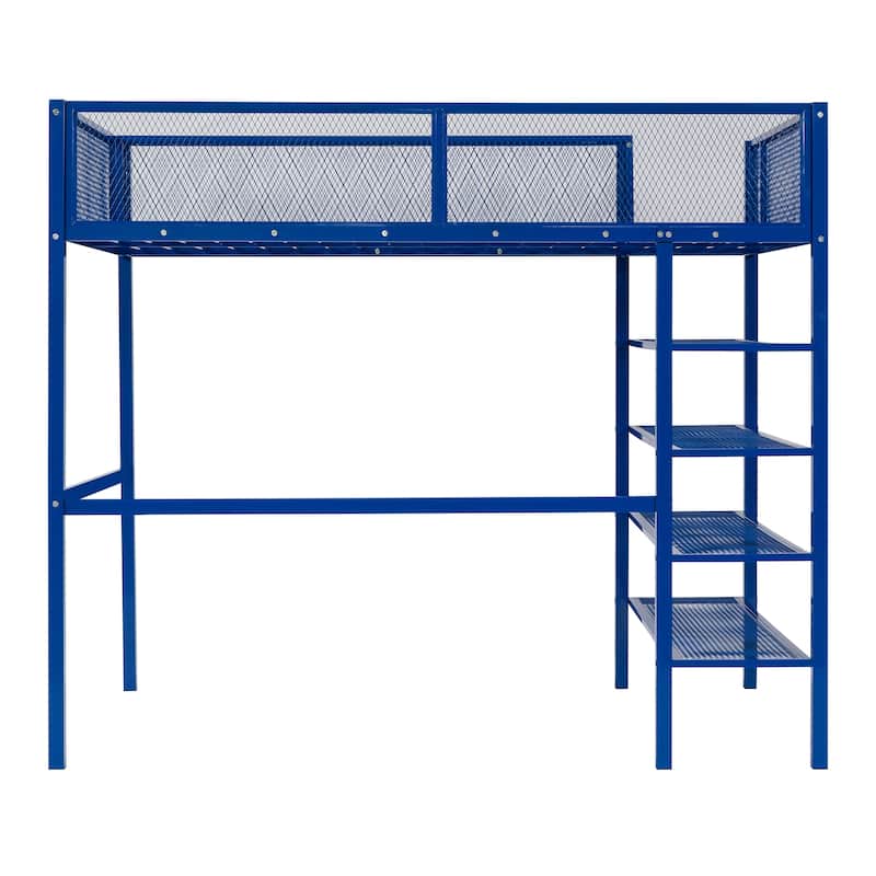 Metal Loft Bed with 4-Tier Shelves and Storage