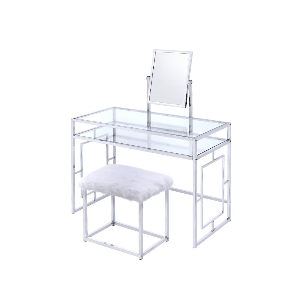 Glass and Metal Vanity Set with Fabric Stool, White and Silver