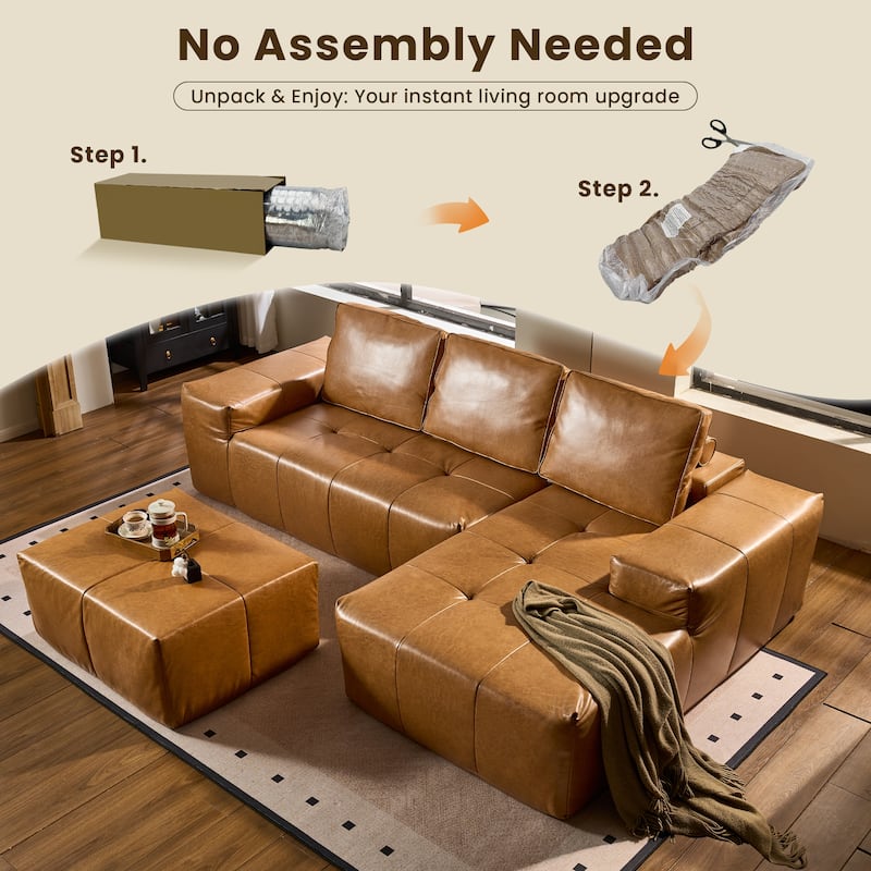 HOOOWOOO Mid-Century Modern Leather L-shaped Sectional Sofa Couch with Ottoman