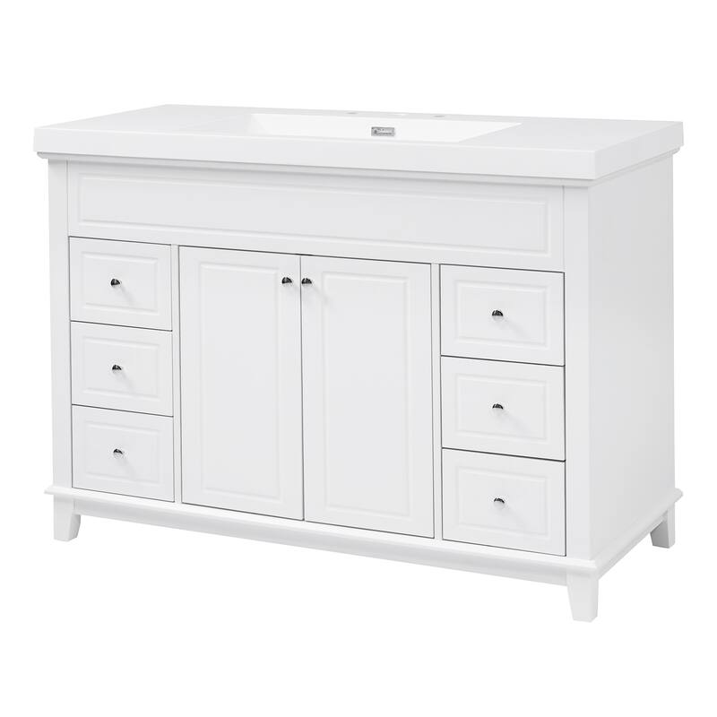Roomfitters 48" Bathroom Vanity with Integrated Resin Sink, 6 Soft-Close Drawers and Double Doors with 2-Tier Shelving, White