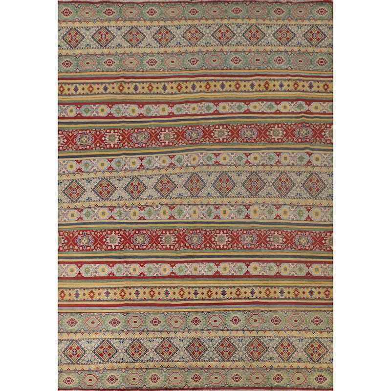 Striped Kazak Area Rug Handmade Wool Carpet - 9'9"x 12'3"
